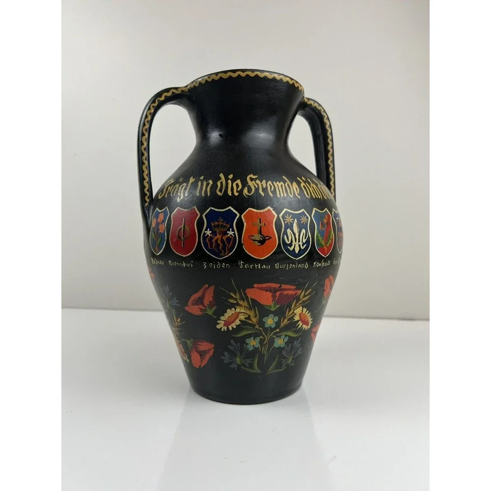 Vintage Double Handled Black Pottery Vase Made In Germany Handpainted Vase